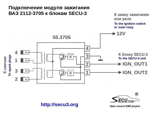 Подключение катушки зажигания ваз 2112 Подключение модуля зажигания 55.3705 к SECU-3 - DRIVE2