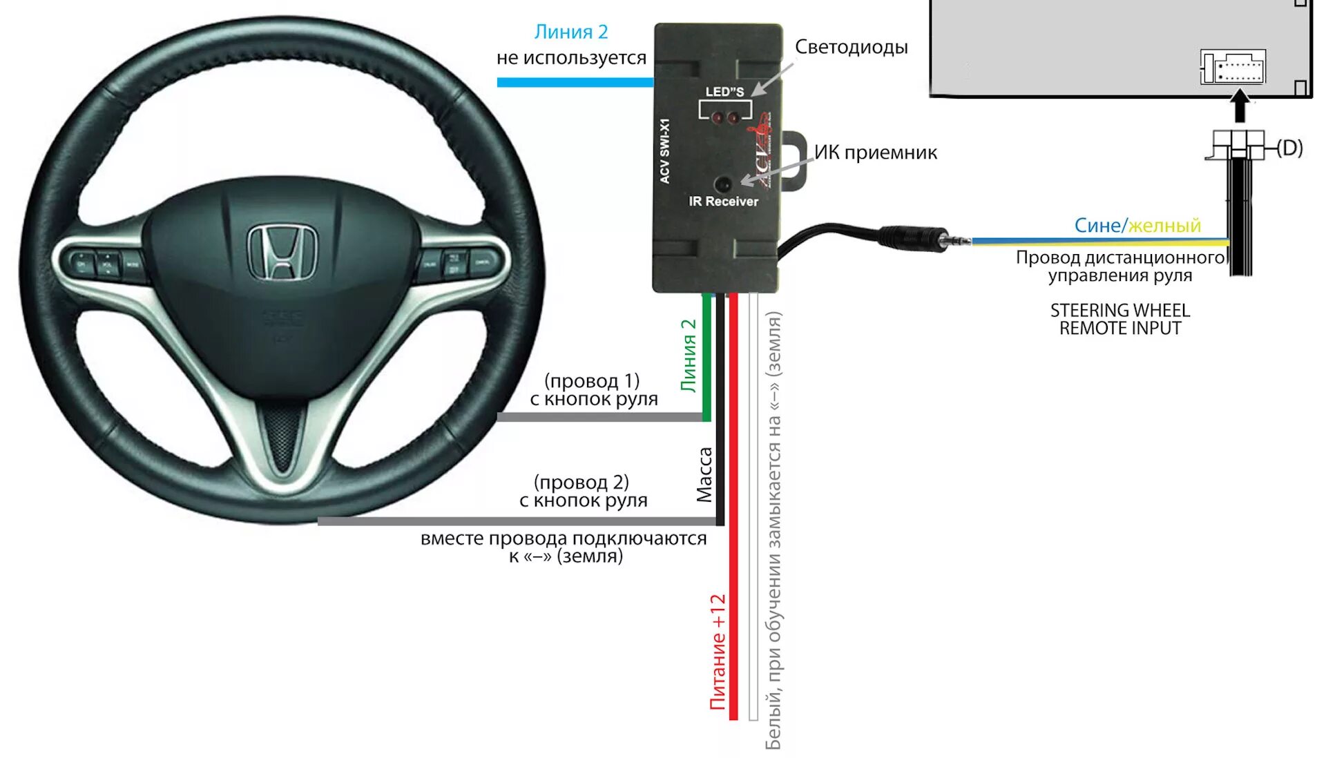 Подключение китайских кнопок на руль Схема подключения адаптера SWI-X1 и Kenwood KDC-X - Honda Stream (RN), 2 л, 2001