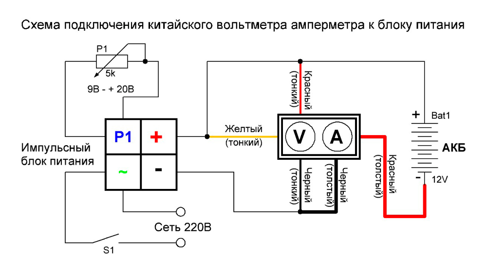 Подключение китайского ампервольтметра к блоку питания Схема подключения китайского вольтметра амперметра к блоку питания Электронная с