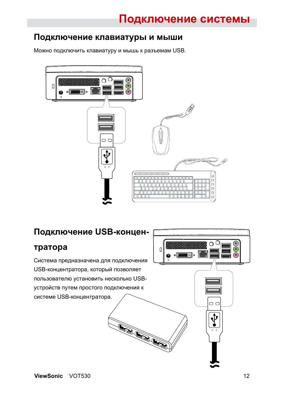 Подключение клавиатуры и мыши к компьютеру Подключение системы, Подключение клавиатуры и мыши, Подключение usb-концен- трат