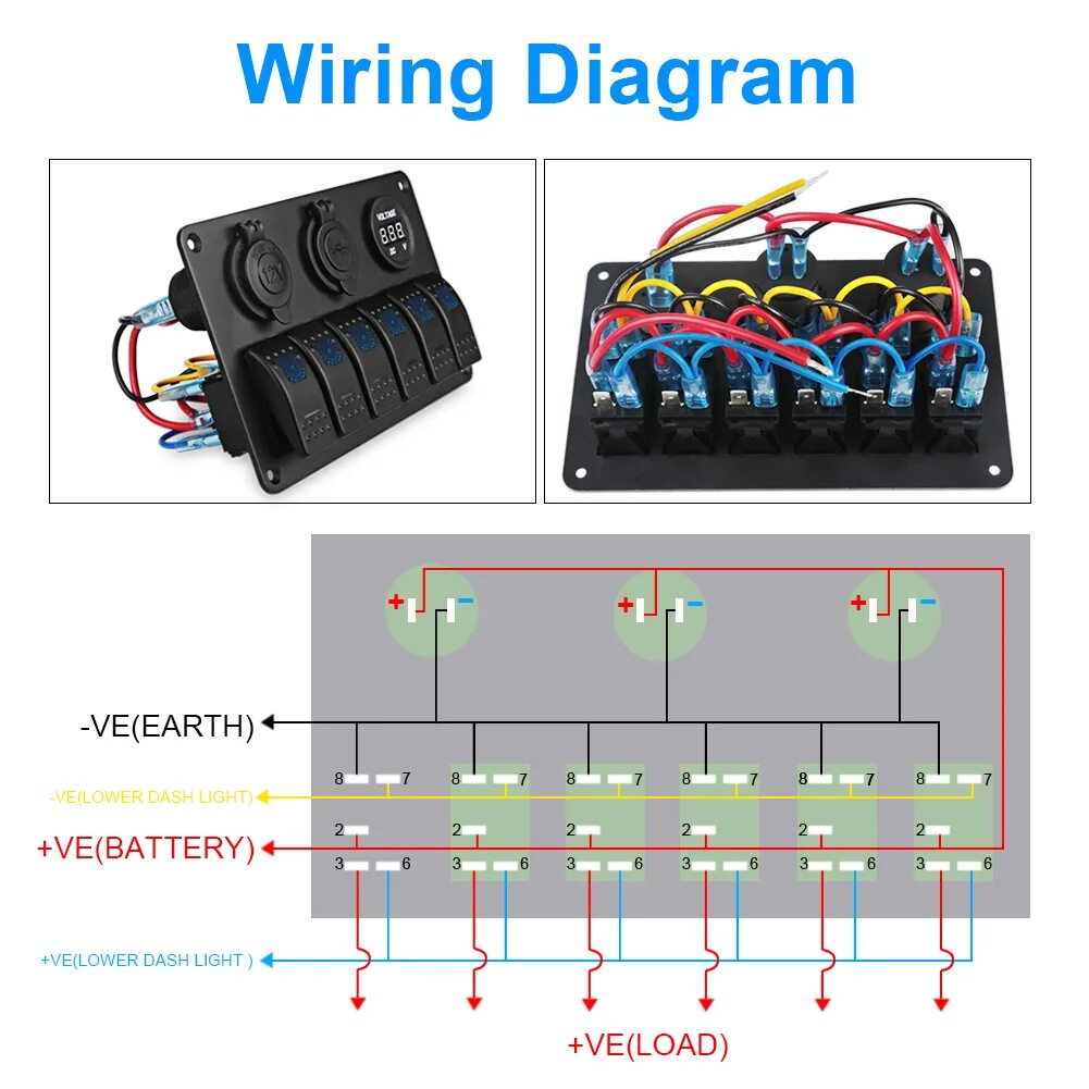 Подключение клавиш в лодке к блоку предохранителей ADPOW Car Switch Panel Dual USB Car Charger 12V Voltmeter 6 Gang Auto Boat Marin