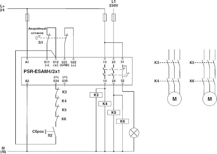 Подключение кнопки аварийного отключения Phoenix contact 2900525 PSR-SCP- 24UC/ESAM4/2X1/1X2 Реле безопасности