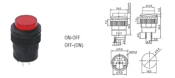 Подключение кнопки без фиксации с подсветкой M16 LED RWD-314, кнопка 250В 3А OFF-ON с фиксацией жёлтая купить недорого в Санк