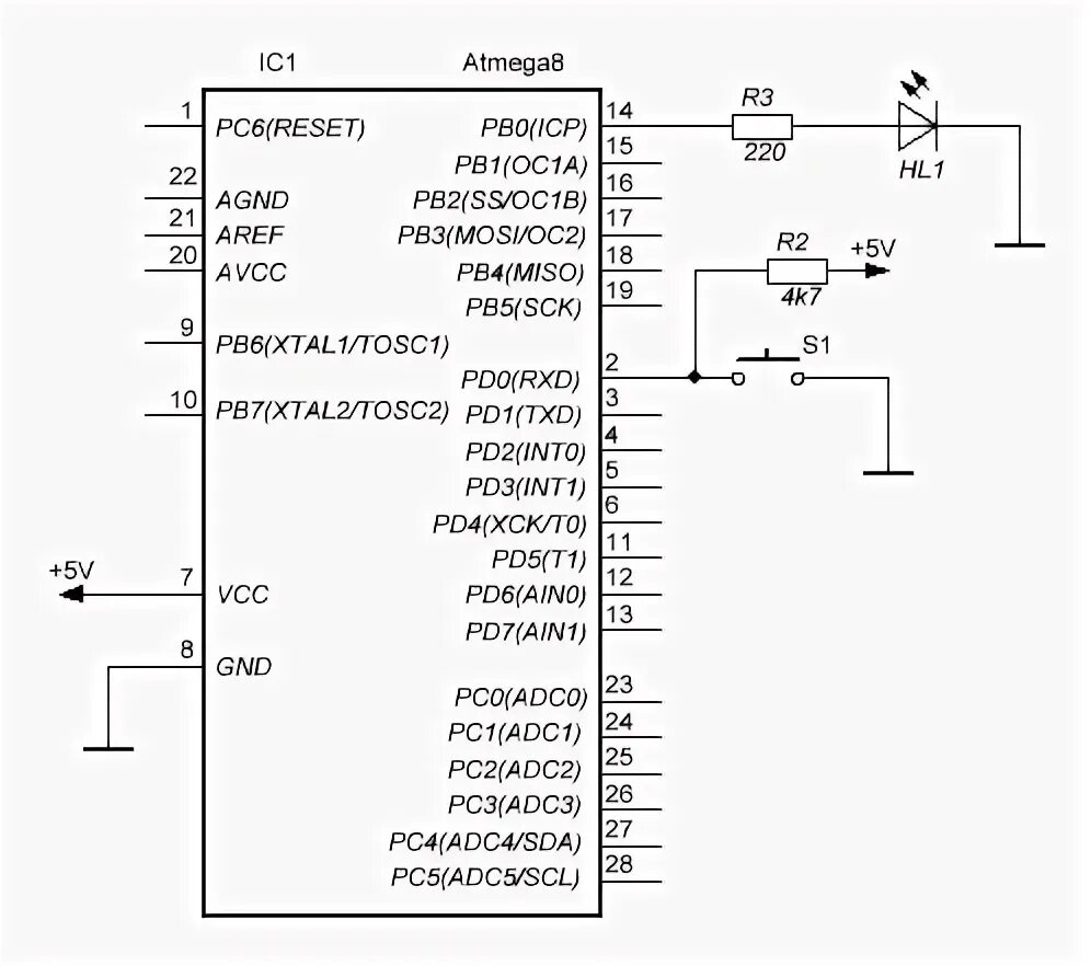 Подключение кнопки к микроконтроллеру Занятие № 1. Простейшая программа Истины, Кавычки, Принципиальная схема