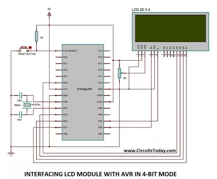 Подключение кнопки к микроконтроллеру Interfacing LCD Module with AVR in 4-Bit Mode-Circuit,Working & Program