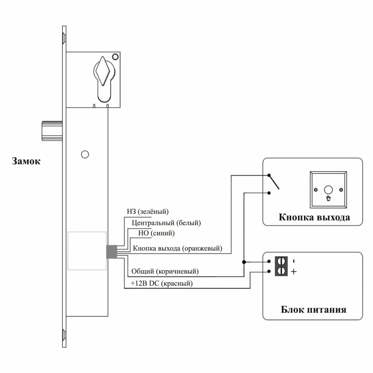 Подключение кнопки к замку AccordTec: AT-EL600-2 Соленоидный замок, врезной, 12 V