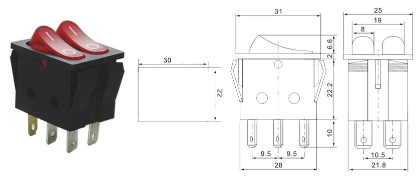 Подключение кнопки kcd2 Выключатель OFF-ON RWB-510-N (KCD3-301-3C) neon 15A/250V 6c -красный- купить нед