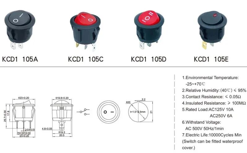 Подключение кнопки kcd2 Kcd1-105e 2 פינים 3 פינים על Off קוטר גודל 23mm מיני חשמלי Led דוט אור ניאון אור