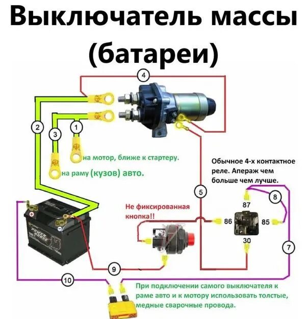 Подключение кнопки массы маз Перенос АКБ в багажник и установка электронного размыкателя массы. - Lada 21063,