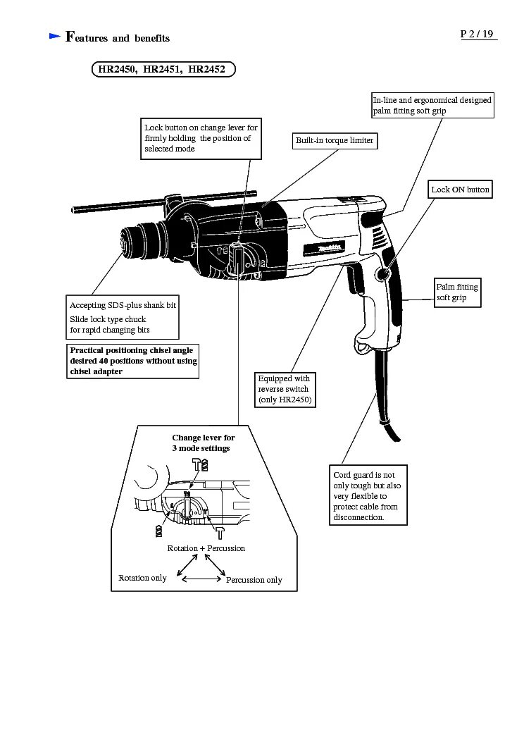 Подключение кнопки перфоратора макита MAKITA HR2450-TE HR2451 HR2452 Service Manual download, schematics, eeprom, repa