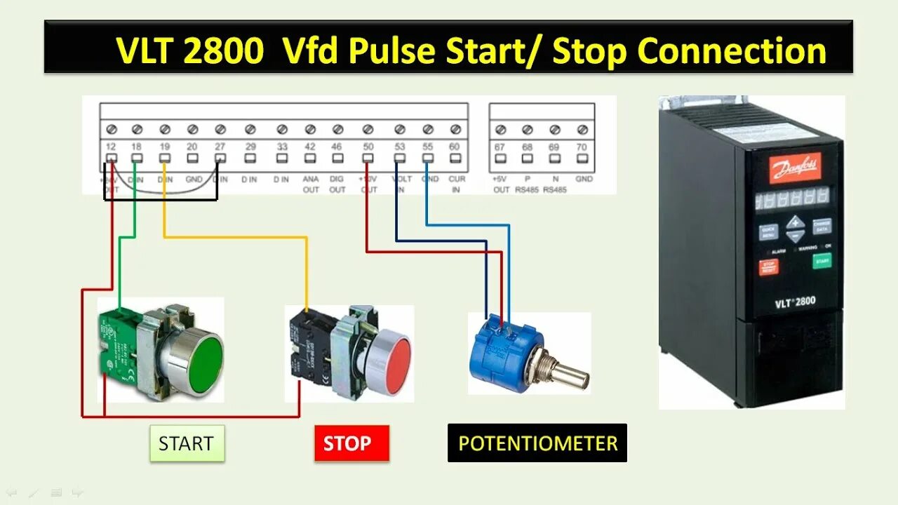 Подключение кнопки пуск стоп к частотному преобразователю danfoss VLT 2800 start stop connection and programming. - YouTube