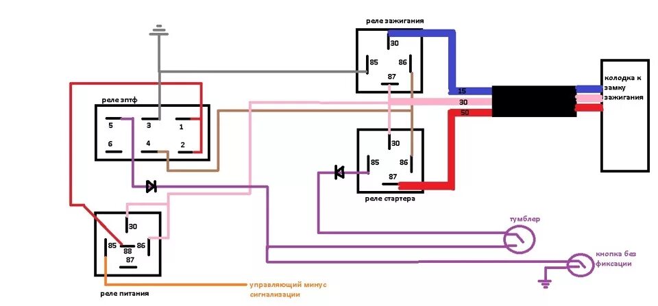 Подключение кнопки с фиксацией через реле Запуск с кнопки или замок в топку! ч.3 - Lada 21081, 1,5 л, 1992 года электроник