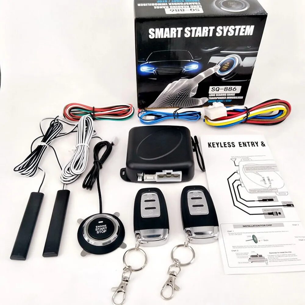 Подключение кнопок бесключевого доступа Car alarm kit with remote engine start push button start rolling code Touch pass