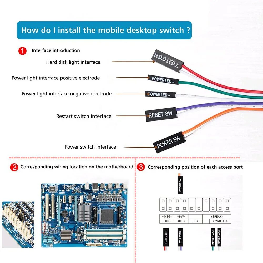 Подключение кнопок пк к материнской плате 1.6m Desktop PC Computer Case Motherboard Power Supply Supplies On / Off Reset H