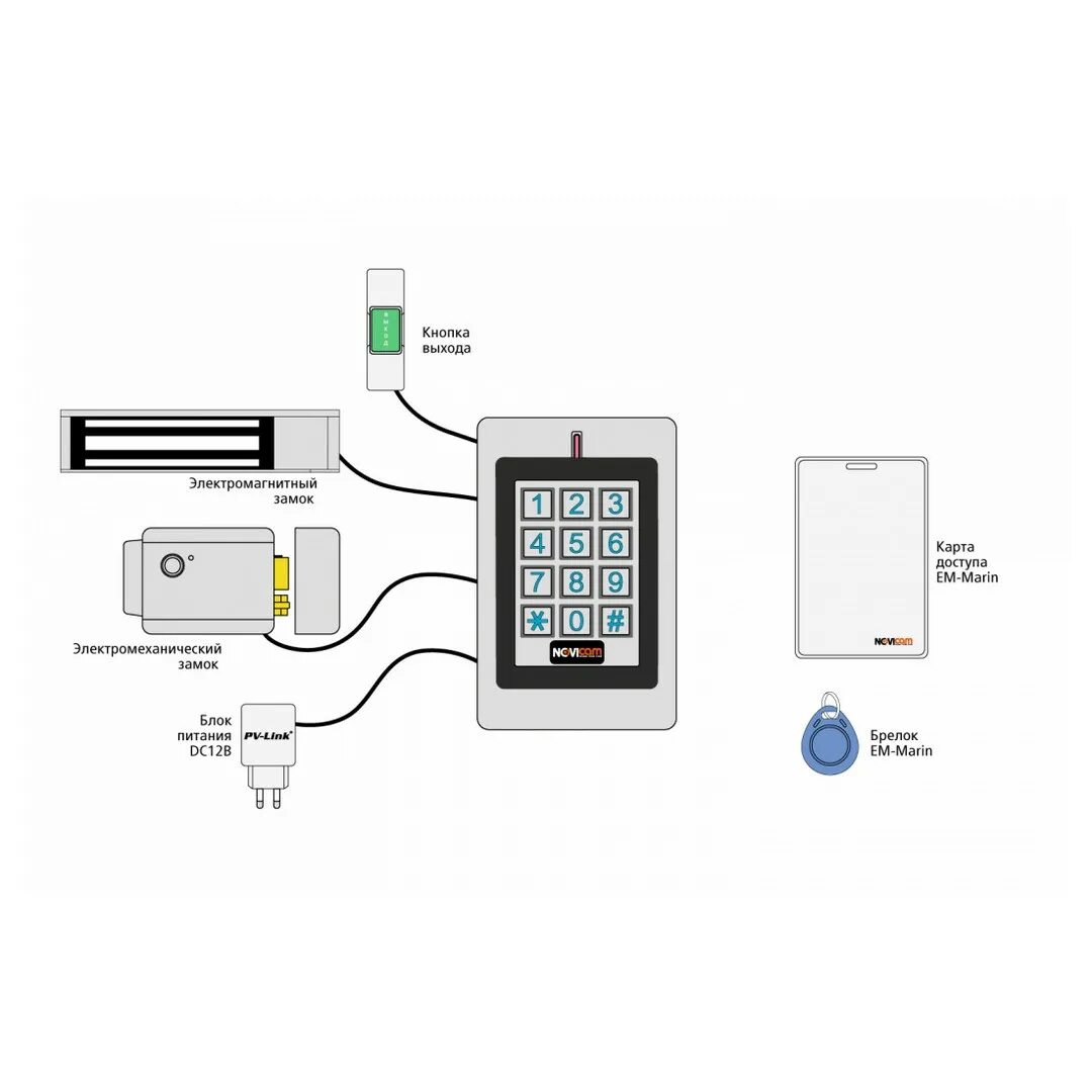 Подключение кодонаборной панели к электромагнитному замку Novicam SE210KW - купить автономный контроллер с считывателем карт и меток Em-Ma