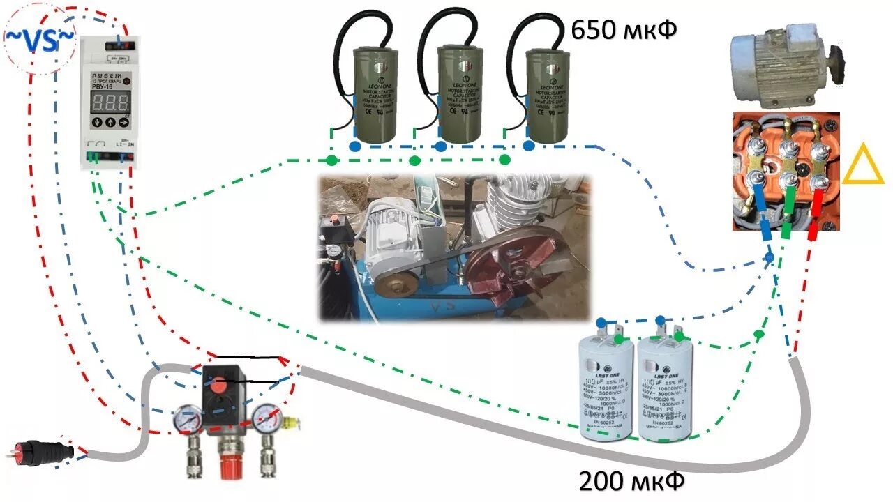 Подключение компрессора 220 вольт схема подключения Подключение СО 7 с автоматикой в однофазную сеть 220 - YouTube