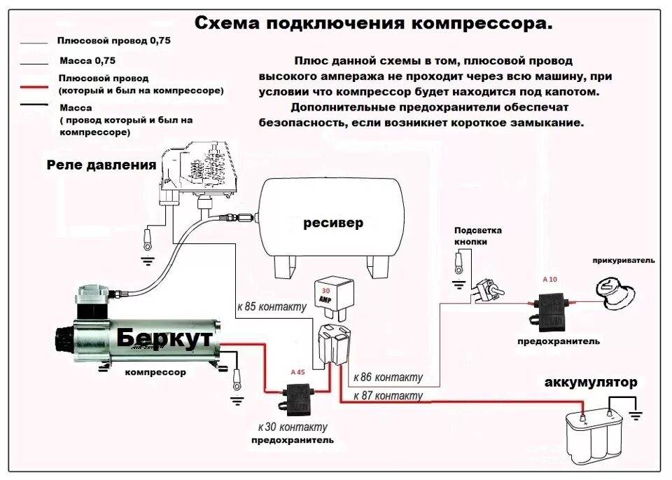 Подключение компрессора через реле давления Подключение компрессора пневмоподвески - Nissan March (K12), 1,4 л, 2005 года тю