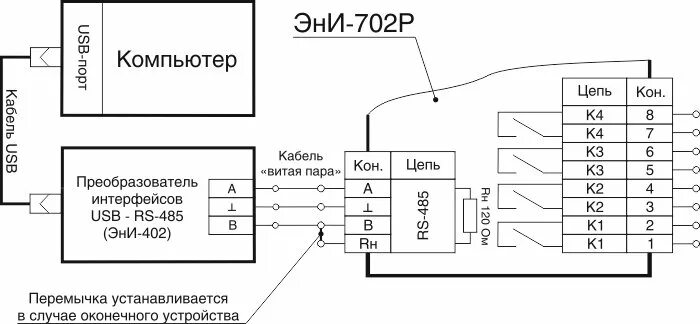 Подключение компьютера к 485 Модуль вывода дискретных сигналов ЭнИ-702Р