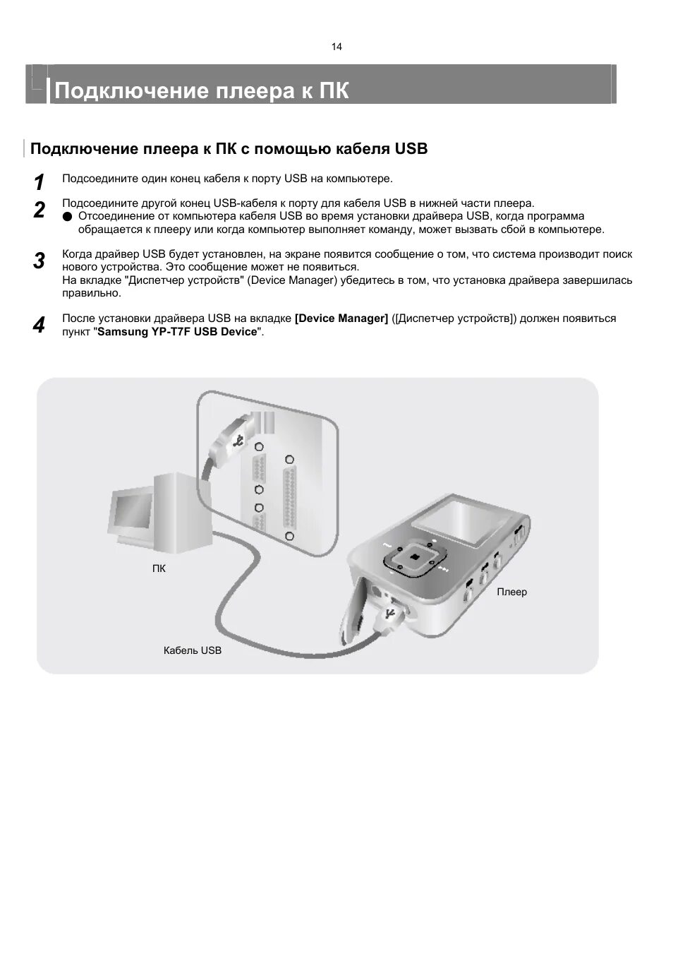 Подключение компьютера к проигрывателю Подключение плеера к пк, Подключение плеера к пк с помощью кабеля usb Инструкция