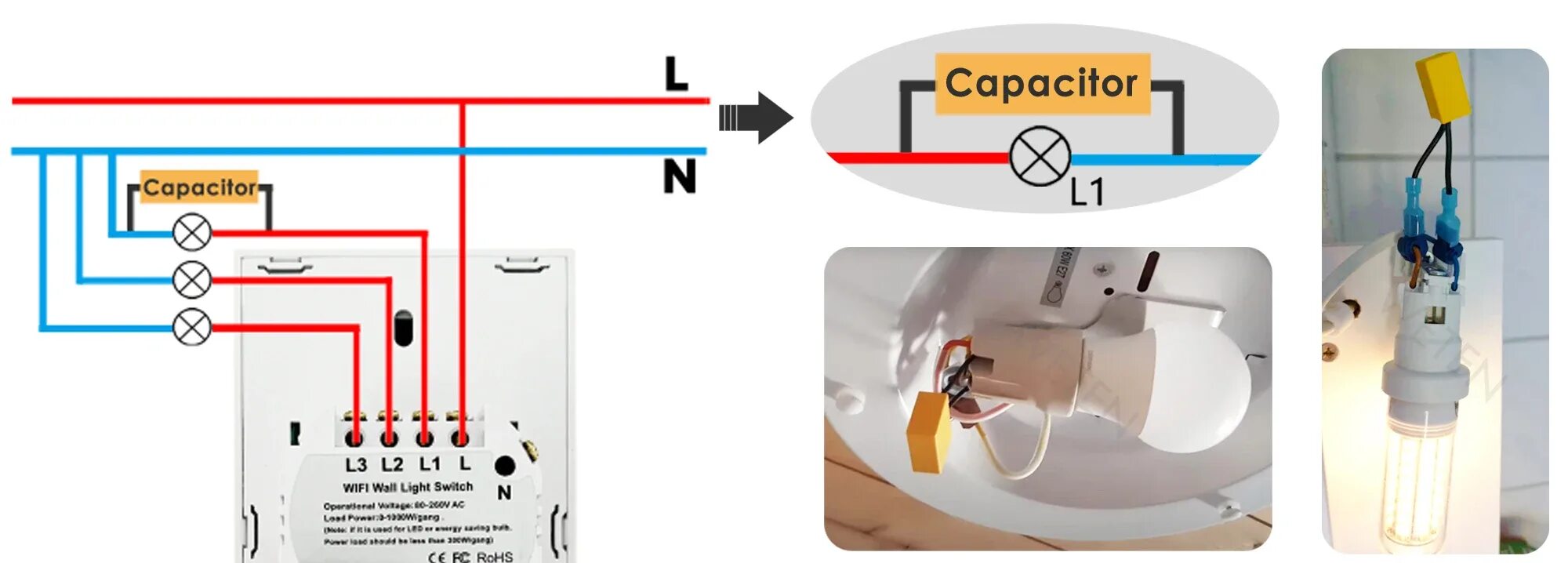 Подключение конденсатора к лампочке Настенный сенсорный выключатель Wi-Fi, без нейтрального провода, с нейтральным п
