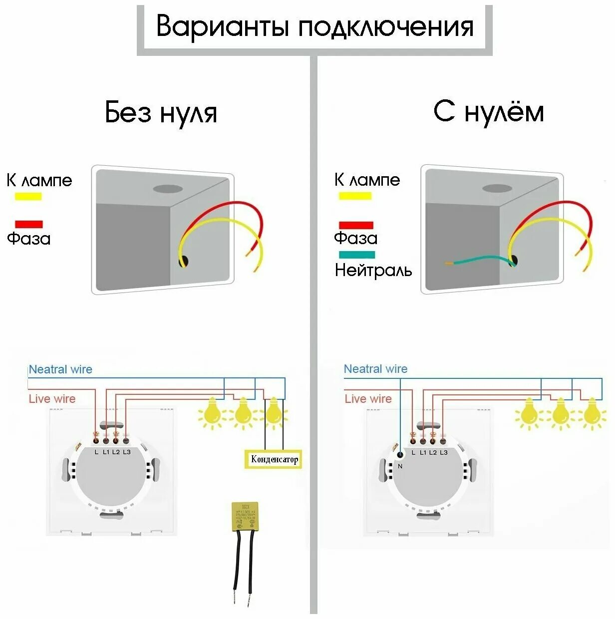 Подключение конденсатора к сенсорному выключателю без нуля Умный сенсорный WIFI выключатель (2 канала) Яндекс Алиса, Smart Life, Tuya Smart