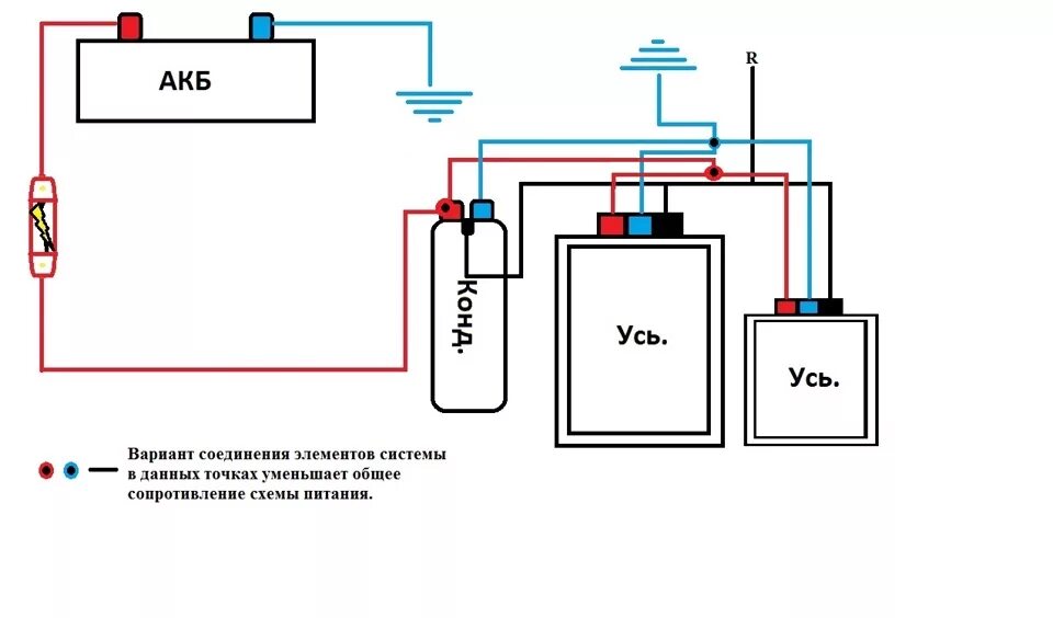 Подключение конденсатора с 4 выходами Схема подключения Конденсатора к усилителю.Вопрос кто как подключал?! - Chevrole