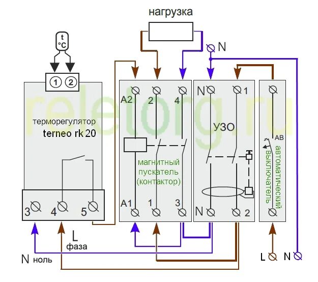 Подключение контактора через терморегулятор Терморегулятор terneo rk20 AC230V 20А, с датчиком DS18B20