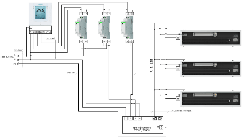 Подключение конвекторов через терморегулятор Схемы подключения конвекторов VITRON
