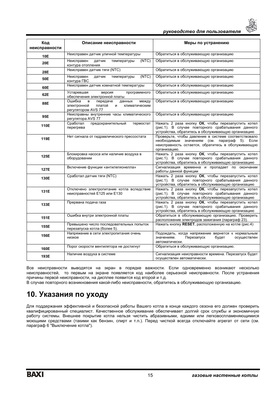 Подключение котла бахи ошибка е05 Указания по уходу, Nuvola 3 comfort ht руководство для пользователя, 15 газовые 