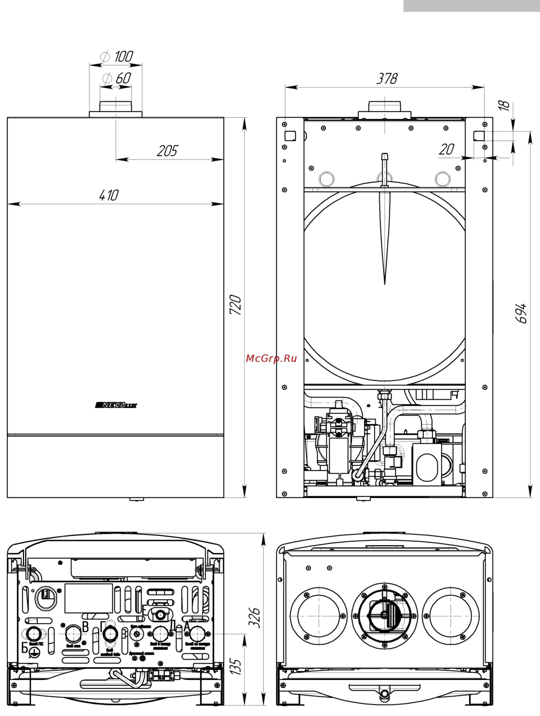 Подключение котла нева люкс Nevalux 7218 6/60 Габаритные и присоединительные размеры