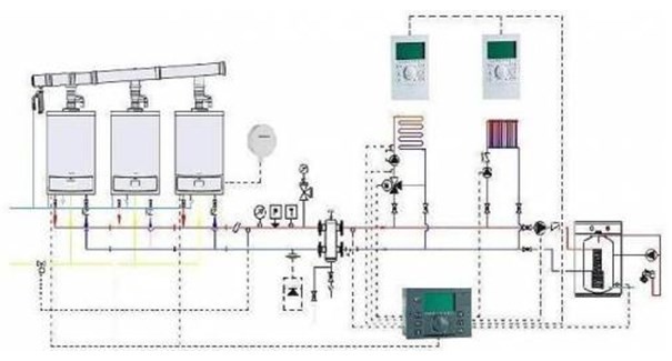 Схема подключения 4-х котлов De Dietrich, контура ГВС, 4-х контуров отопления, а