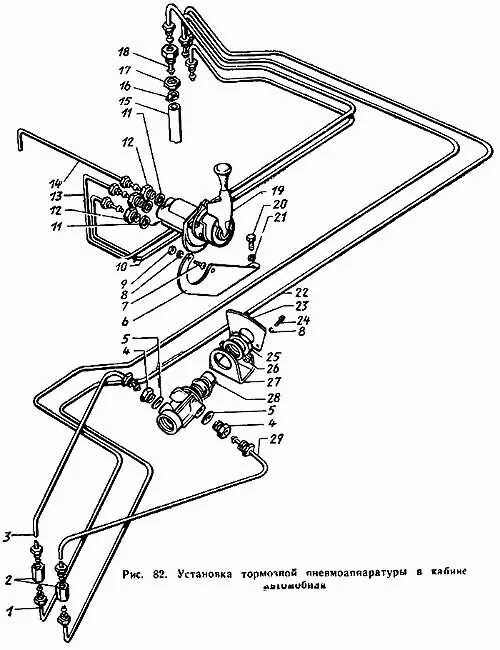 Подключение кран ручника камаз 3 выхода Установка тормозной пневмоаппаратуры в кабине автомобиля ЗИЛ-431410 Каталог 1989