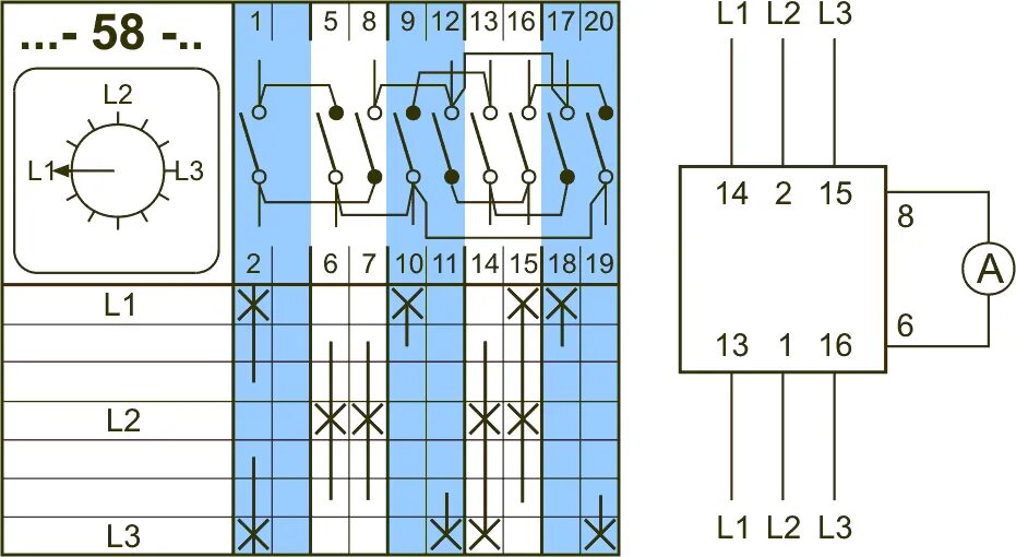 Подключение кулачкового переключателя на 3 положения 2 - полюсные L1-L2-L3 (Схема № 58) - Проект