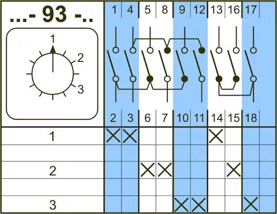 Подключение кулачкового переключателя на 3 положения 3 - полюсные (Схема № 93) - Проект