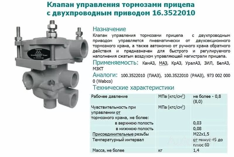 Подключение кутп 2 Клапан управления тормозами прицепа с двухпроводным приводом 16.3522010 Тормозна