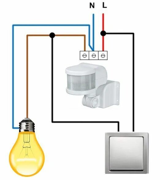 Подключение лампочки через датчик движения 5 схем подключения датчика движения - ошибки монтажа, установка с выключателем и
