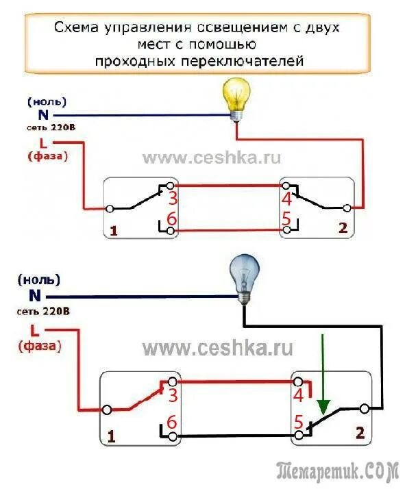 Подключение лампочки с двух мест Подключить проходной светильник