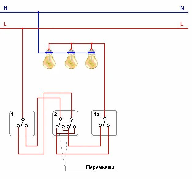 Подключение лампочки с трех мест Проходные выключатели Схема подключения освещения из трех мест