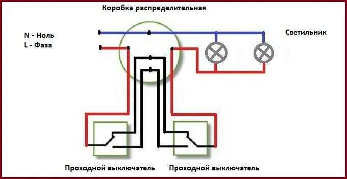 Подключение лампы с двух мест Схема подключения проходного выключателя с 2-х мест на 1 или 2 лампочки