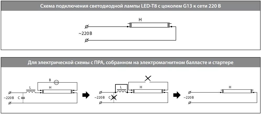 Подключение лампы t8 g13 схема Схема подключения светодиодной лампы вместо люминесцентных