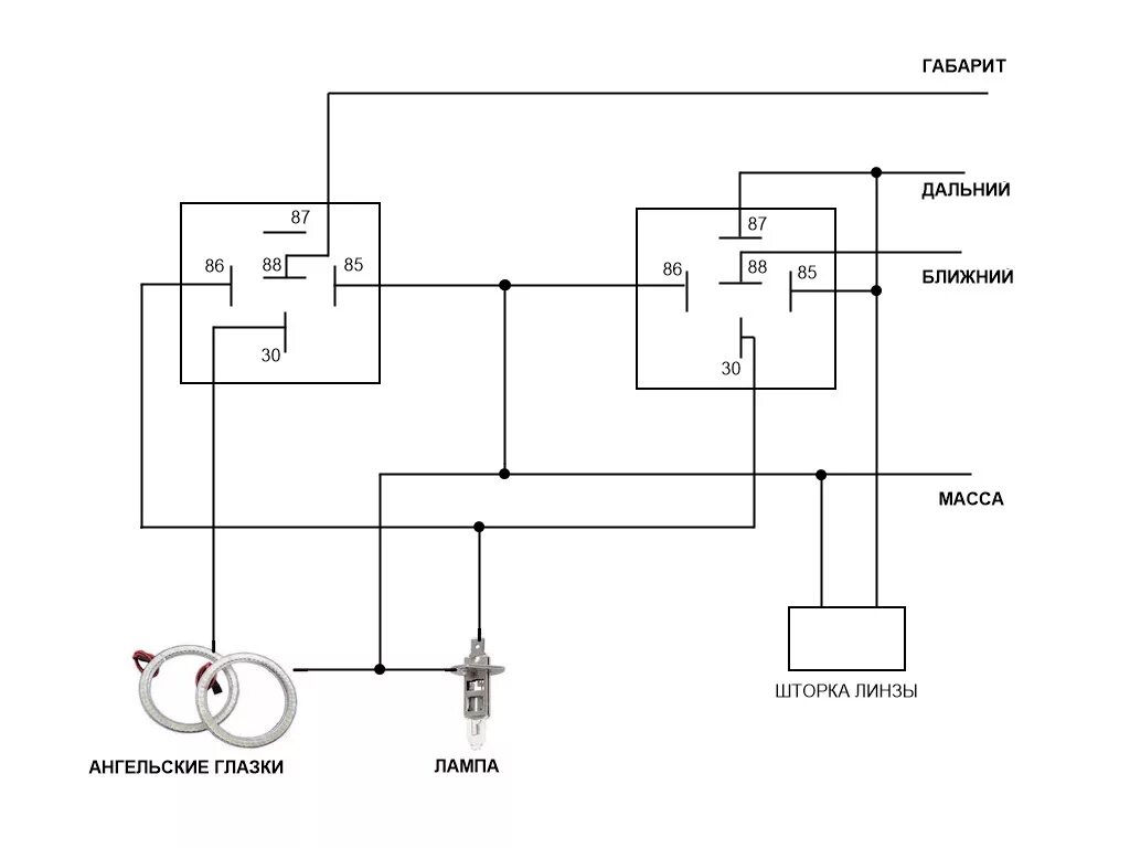 Подключение линз к h4 через реле Линзы бигалоген (схема подключения + ангельские глазки отключаются при включении