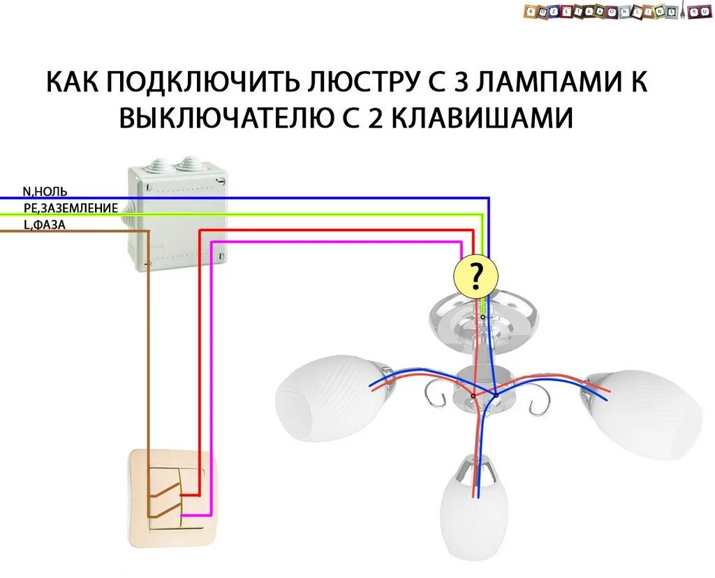 Подключение люстры к двухклавишному выключателю 3 провода Схема подключения трехрожковой люстры