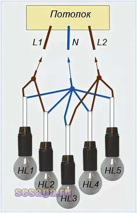 Подключение люстры на 5 лампочек Схема подключения люстры
