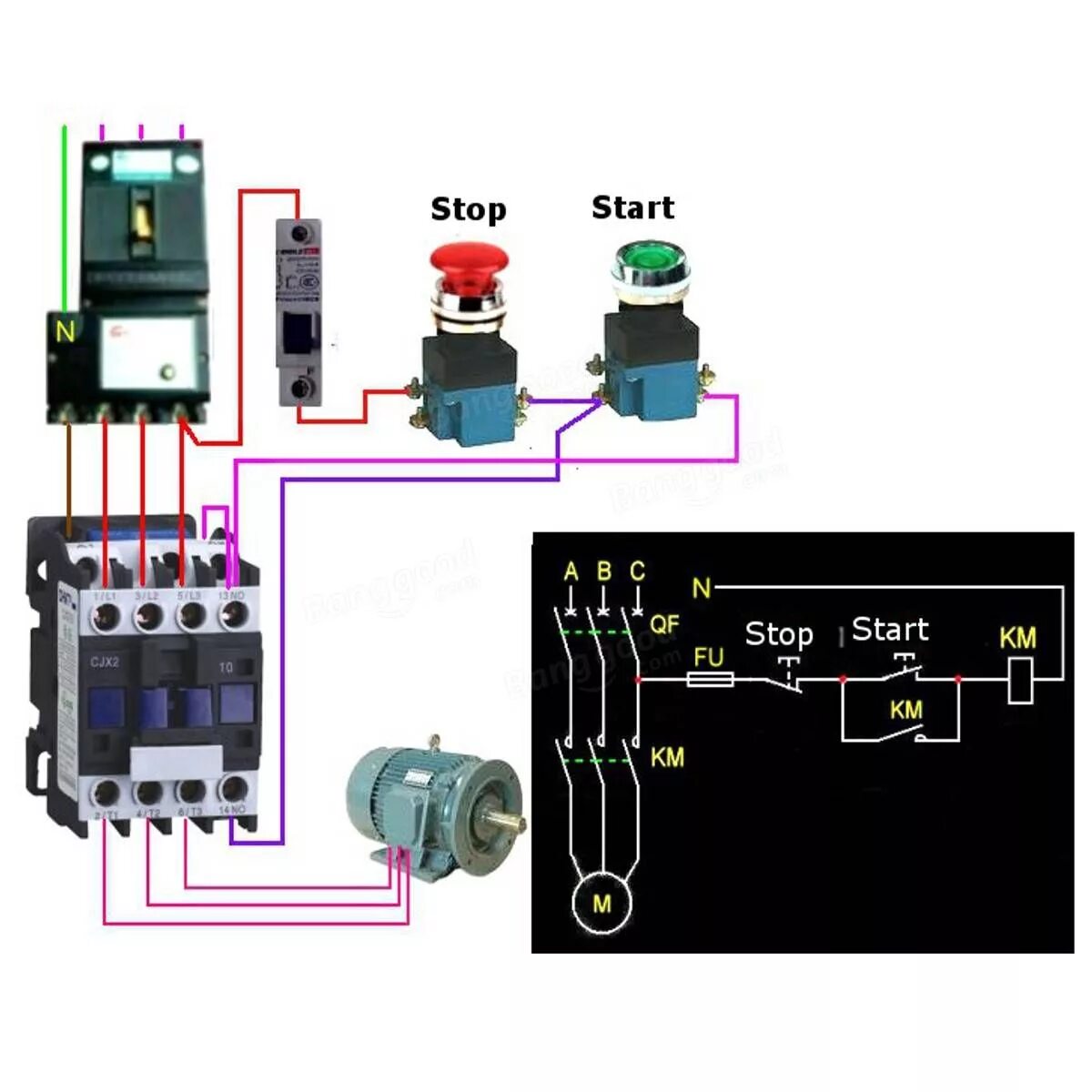 Подключение магнитного пускателя через кнопочный пост CJX2-1801 AC 220V/380V 18A Relè di avviamento del motore del contattore 3 POLI +