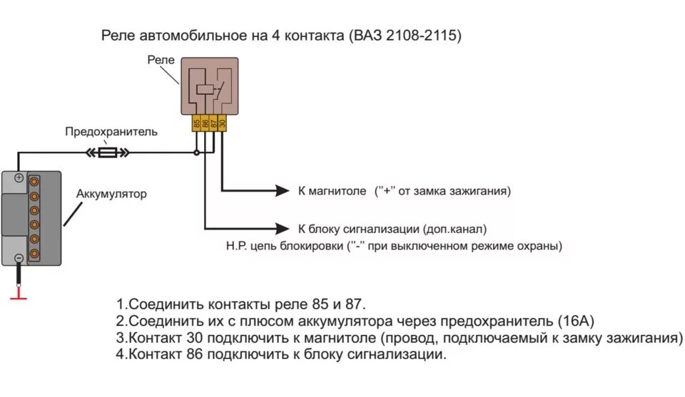 Подключение магнитолы через реле схема Подключение питания магнитолы через сигнализацию (+ схема подключения) - Lada 21