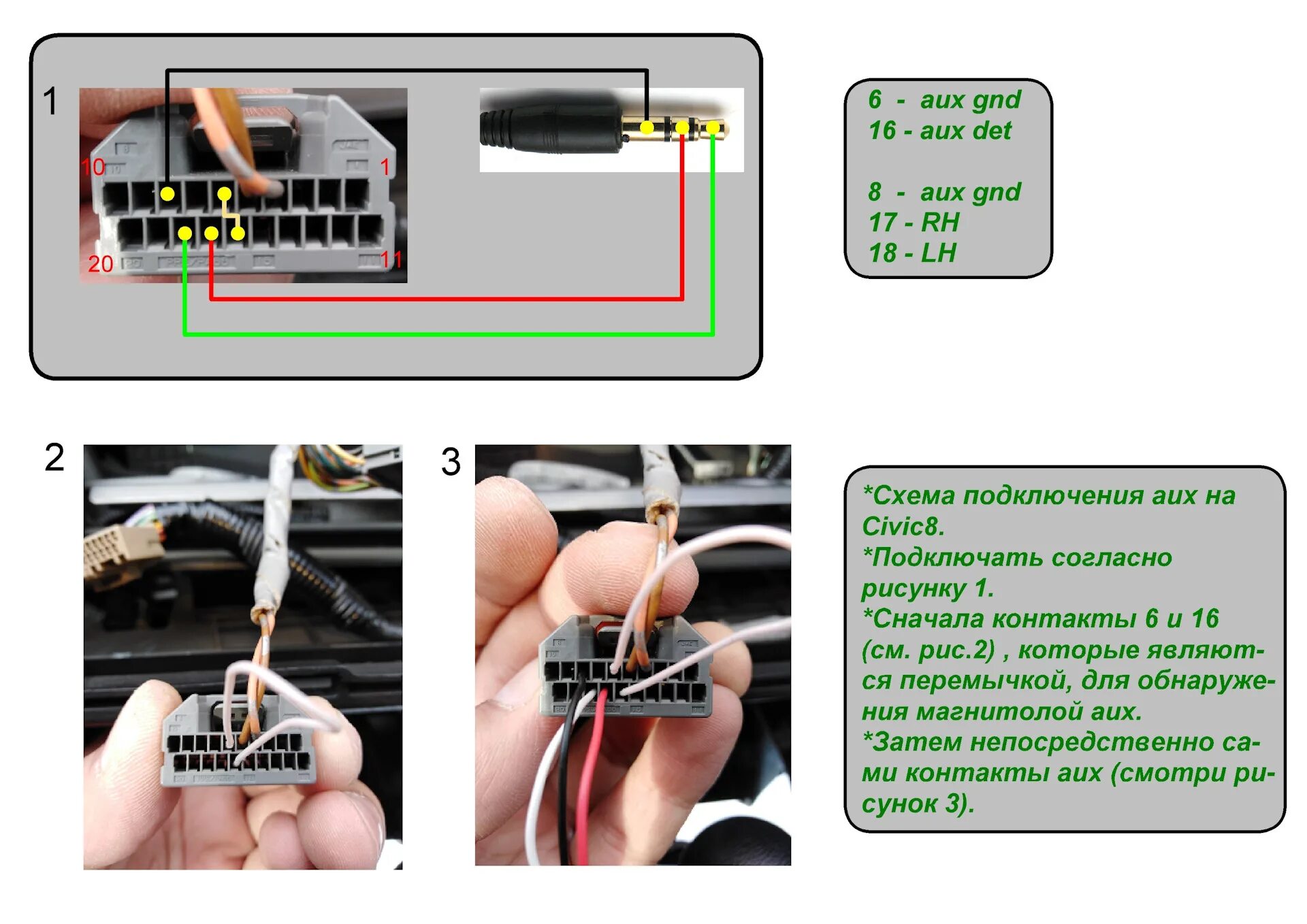 Подключение магнитолы хонда цивик Фотография "Схема подключения aux на civic8.