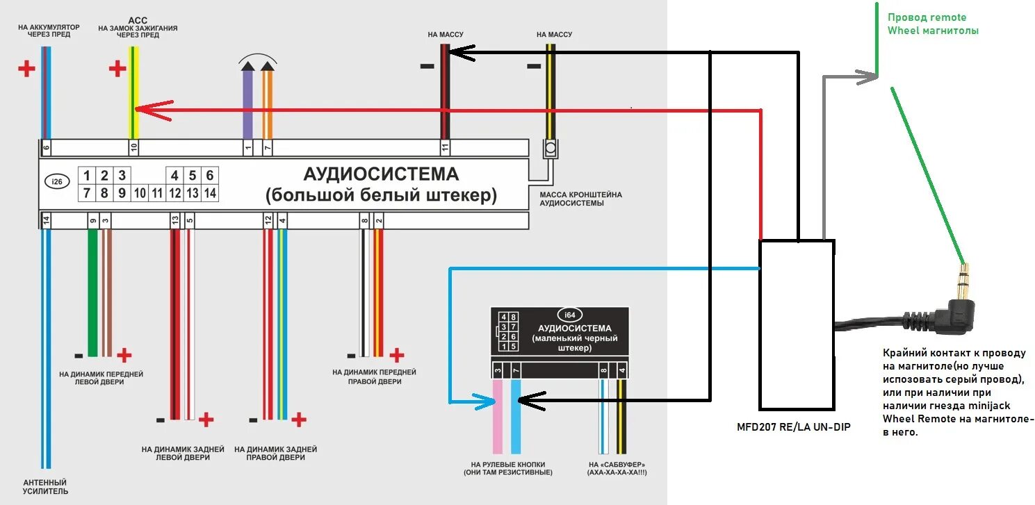 Подключение магнитолы к адаптеру руля #5 Адаптер кнопок руля MFD207 RE/LA UN-DIP + JVC KD-X361BT - Subaru Forester (SG