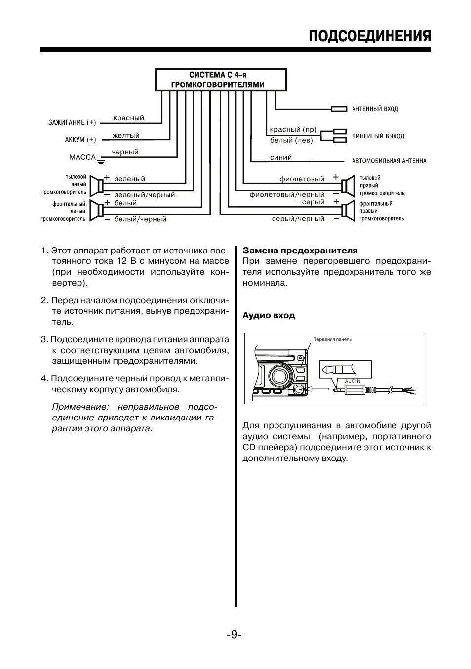 Подключение магнитолы мистери схема Подсоединения Инструкция по эксплуатации Mystery MCD-588MP Страница 9 / 22