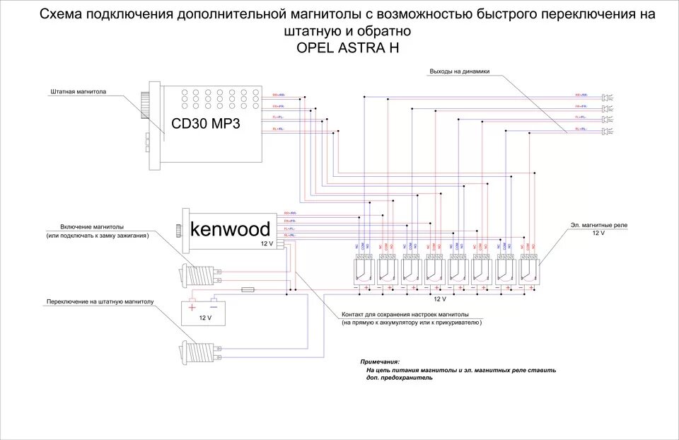Подключение магнитолы опель астра н Схема подключения доп. магнитолы Opel Astra H - Opel Astra H, 1,6 л, 2006 года а