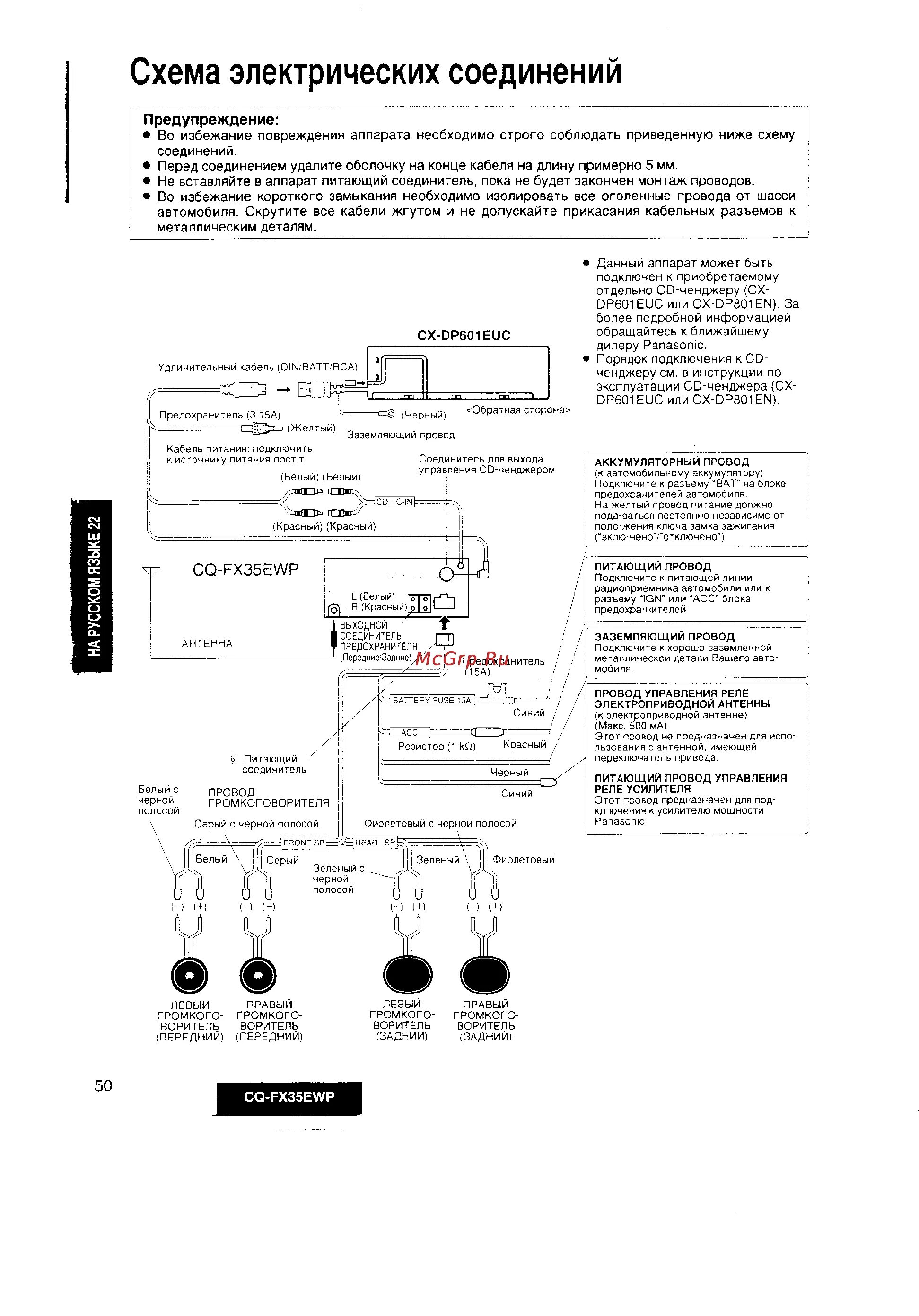 Подключение магнитолы панасоник схема Panasonic CQ-FX35EWP 22/24 Схема электрических соединений
